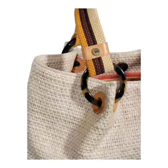 Elaine Turner Beige Woven Straw Handbag with Multicolor Double Handle - Picture 2 of 12